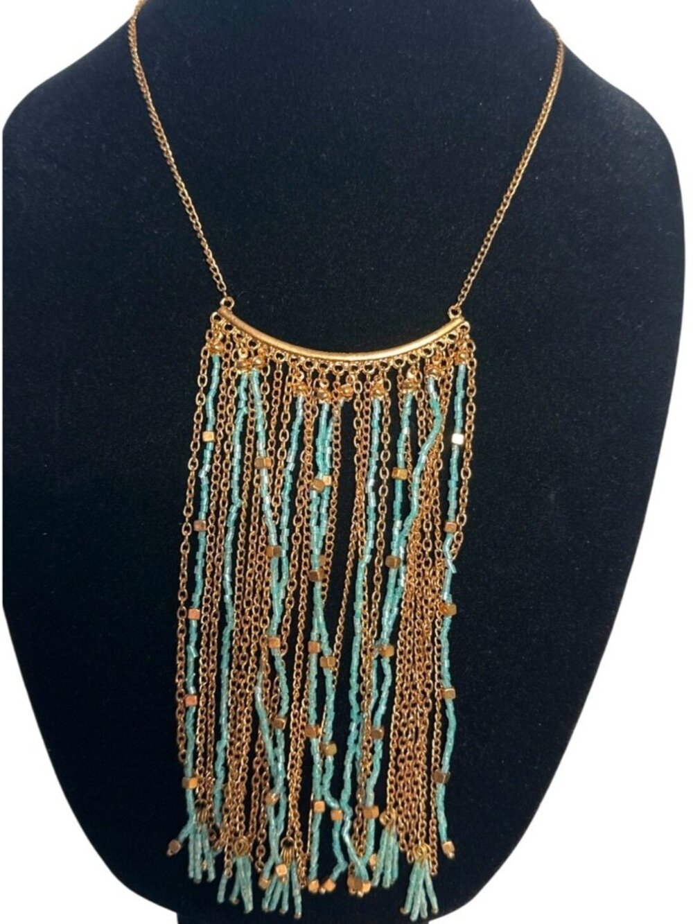 Coastal Boho Statement Fringe Bib Necklace Blue Tassel Beads Carol Dauplaise - Picture 2 of 11